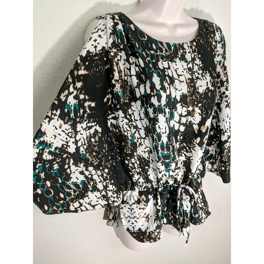 Cold Shoulder Blouse Black White Teal Abstract Print Tie Waist Top Small